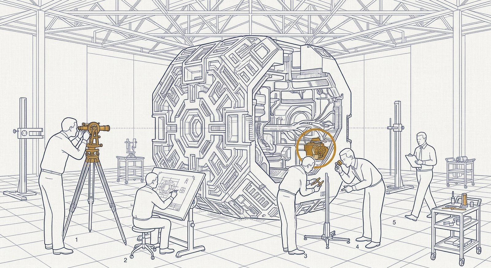 Technical cutaway illustration of a small team of technicians in a high-ceilinged examination hall, using precision instruments to measure and study a dense, intricate mechanism of unknown purpose at the center of the room. One technician indicates a single exposed internal component to another, highlighted in amber.