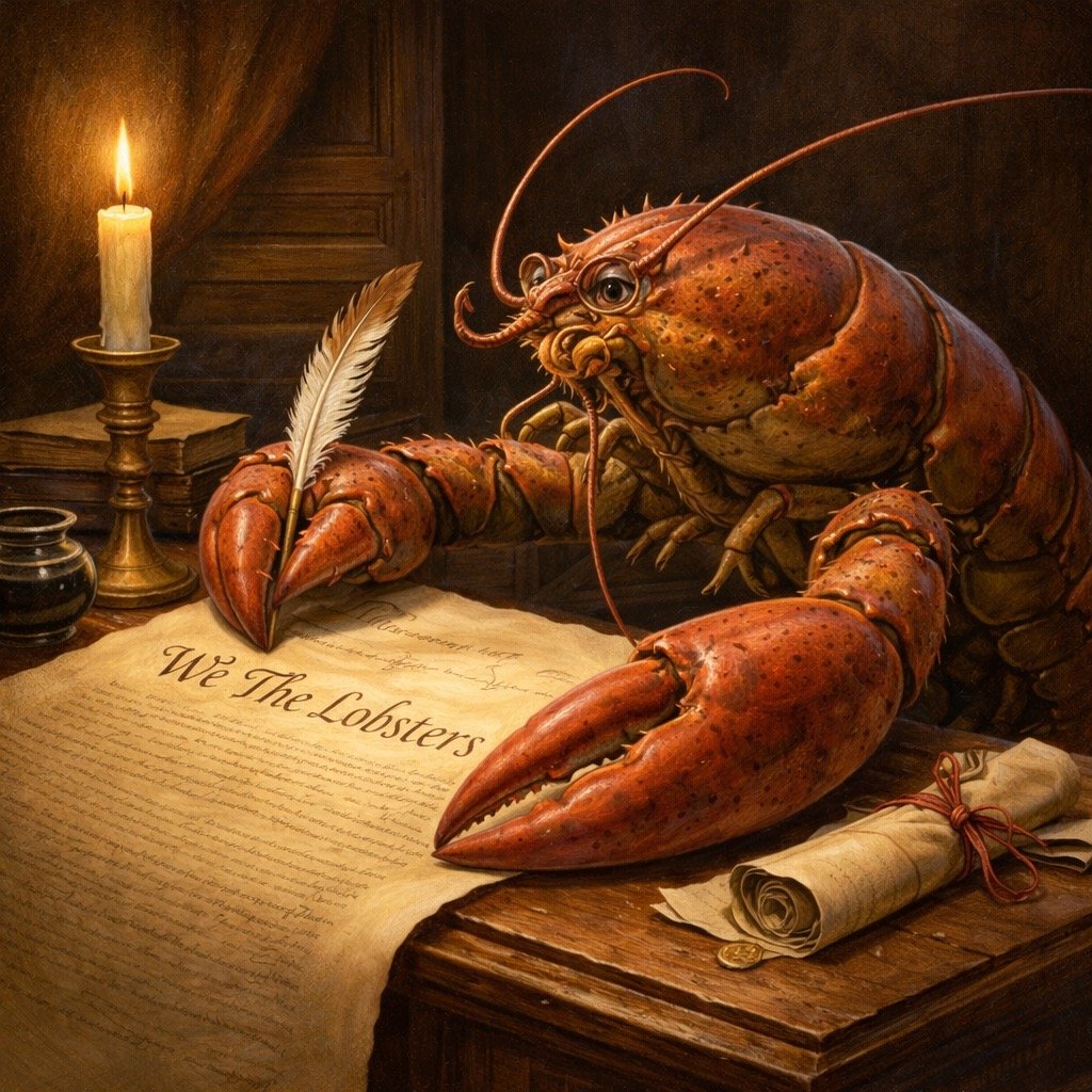 AI-generated painting of a lobster wearing reading glasses, holding a quill pen, writing on a document that reads 