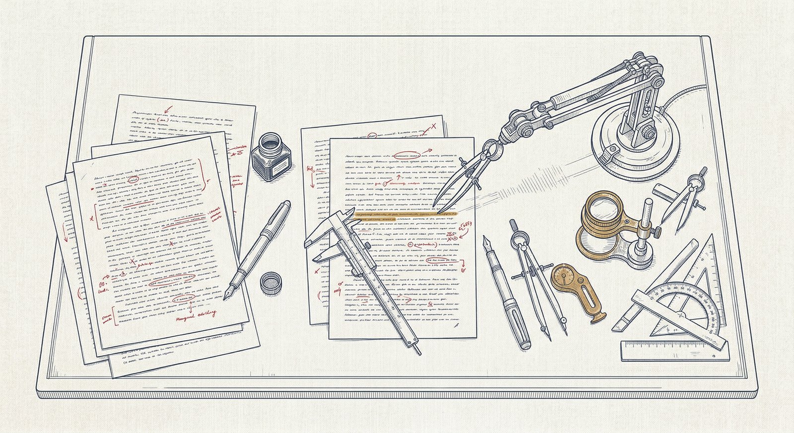 Precision technical illustration of a large architect’s drafting table seen from above, with manuscript pages and editing marks on one side and mechanical instruments on the other, meeting in the center