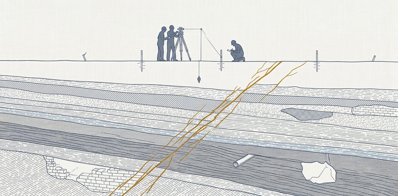 A wide technical illustration in the style of an architectural cross-section. Above ground, three small silhouetted figures conduct a survey on an otherwise empty plain: two stand at a theodolite on a tripod while a third crouches nearby taking notes, with a plumb bob hanging from a reference point and surveyor's stakes driven into the ground on either side. Below ground, a detailed geological cutaway reveals many distinct strata rendered in fine slate-blue linework and cross-hatching — sedimentary layers of varying density and texture. Embedded in the lower strata are remnants of prior activity: a section of old brickwork, a cylindrical pipe, and a stone fragment in a small void. Running diagonally through the layers is a prominent fault line rendered in amber-gold, with several branching fractures spreading outward from it. The surveyors are unaware of or just beginning to investigate the complex subsurface features beneath their feet.