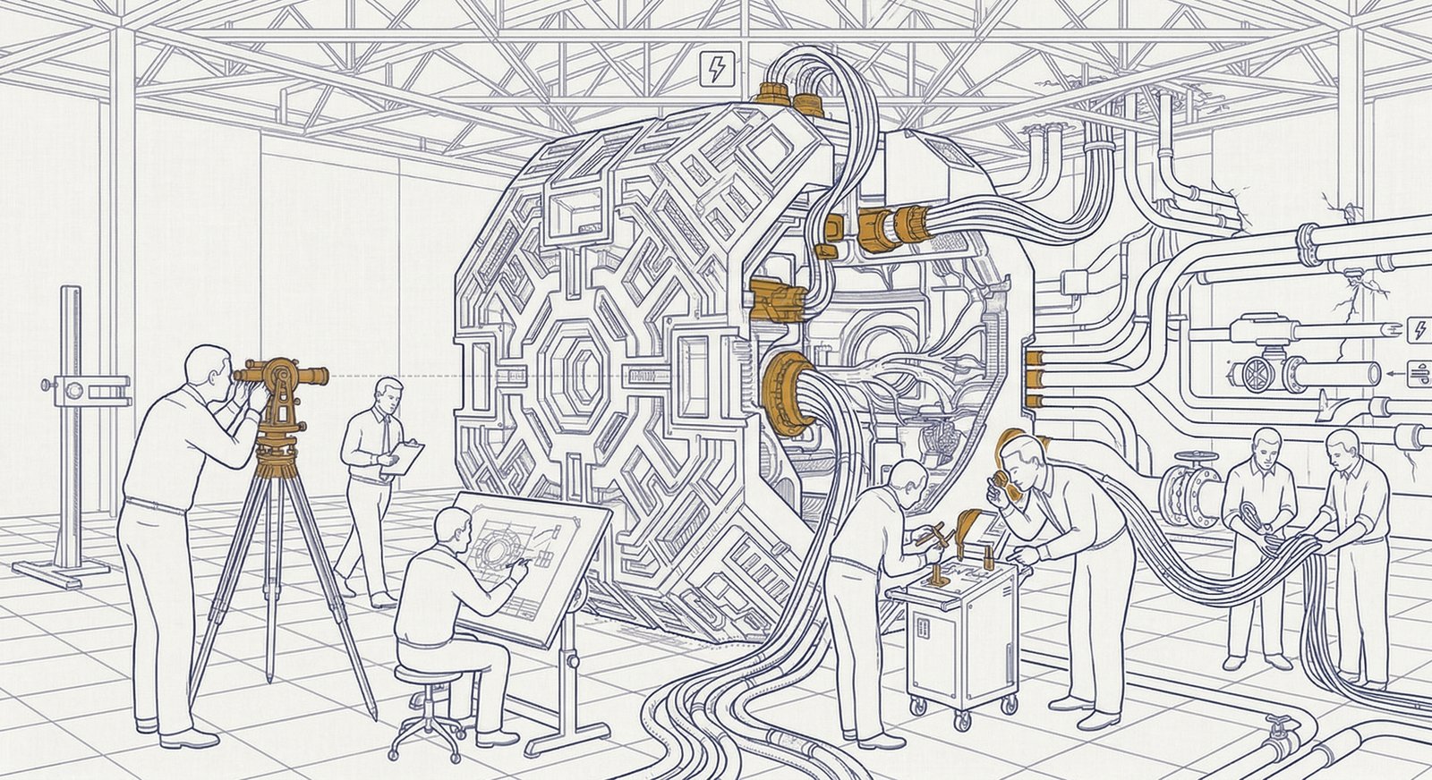 Technical cutaway illustration of a dense, intricate mechanism in a high-ceilinged hall, now being connected via heavy conduits and cables to unseen external systems. Technicians work on the connections while a few others continue to study the mechanism itself. Amber highlights mark the connection points.