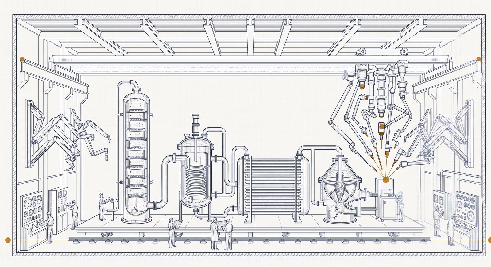 Precision technical illustration of a vast inspection bay seen in cross-section, with a five-stage industrial processing line — a tall column with stacked trays, a cylindrical reactor, a heat exchanger, a separator, and a small labeling terminal — running along a calibration platform on rails. A dense cluster of articulated precision instruments converges on the small terminal at one end, with amber-gold marking the convergence; the four larger stages stand fully visible and untouched. Articulated inspection arms are folded and stowed against the side walls, and small human figures staff analog consoles at the bay's edges and consult documents at the platform.
