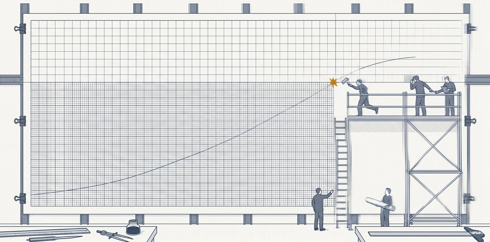 Wide elevation view of a vast wall-mounted plotting chart, seen from directly in front. The chart fills most of the frame and is divided into two regions with visibly different grid densities: a large rectangle of finely-ruled slate-blue grid occupies the lower-left, while a coarser grid wraps around it in an L-shape — running across the upper portion of the chart and continuing down the right side. A single fine slate-blue trendline rises from the lower-left of the fine-grid region in a gently accelerating curve, crosses the boundary at the inner corner where the coarse-grid L meets the fine-grid rectangle, continues briefly onto the coarse-grid region, and terminates cleanly within the chart paper. A small amber-gold starburst marks the precise point of the crossing. On the right side of the frame, a tall scaffolding platform stands in front of the wall: three small human figures in slate blue work on the scaffolding doing finishing tasks — one runs a smoothing roller along the seam, another inspects a section of the new ruling, a third passes a tool. A simple ladder rises from ground level to the scaffolding. At ground level, two more figures stand back from the chart: one gestures toward the seam with hand raised, the other holds a rolled bundle of paper prepared for a future extension. The chart is held to the wall by dark grey brass clips at regular intervals along its top and side edges; vertical support beams behind the chart and a horizontal track above suggest a working installation. Along the lower edge of the frame, a parallel rule, a pair of dividers, an open ink pot, and a T-square rest on a low shelf. All primary linework is in fine slate blue (#334155) on an off-white linen-textured background; the small amber-gold starburst is the only non-slate color in the image.
