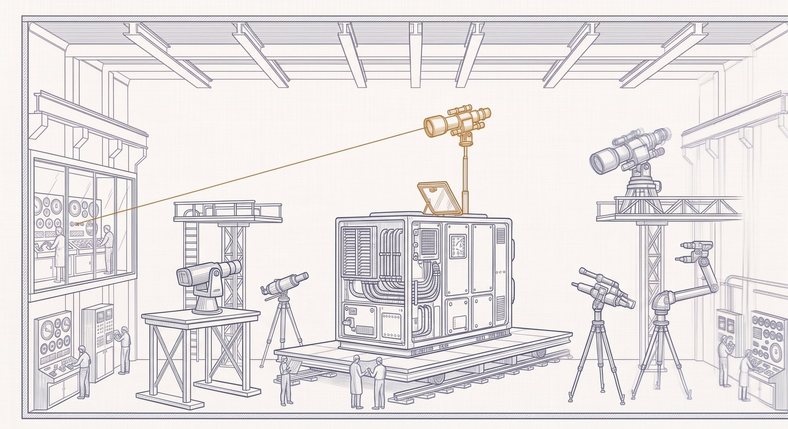Cross-section of an evaluation chamber rendered as a precision technical illustration in slate blue on off-white. A large sealed cabinet-like machine sits on a raised test platform, surrounded by telescopes, sensor arms, and instruments on tripods and gantries, all trained on it. Technicians watch gauges from consoles and an observation window at left. From an open hatch on the machine’s roof, a slender mast raises a small telescope of its own—highlighted in amber-gold—aimed directly back at the observation window, its sight line crossing the chamber.