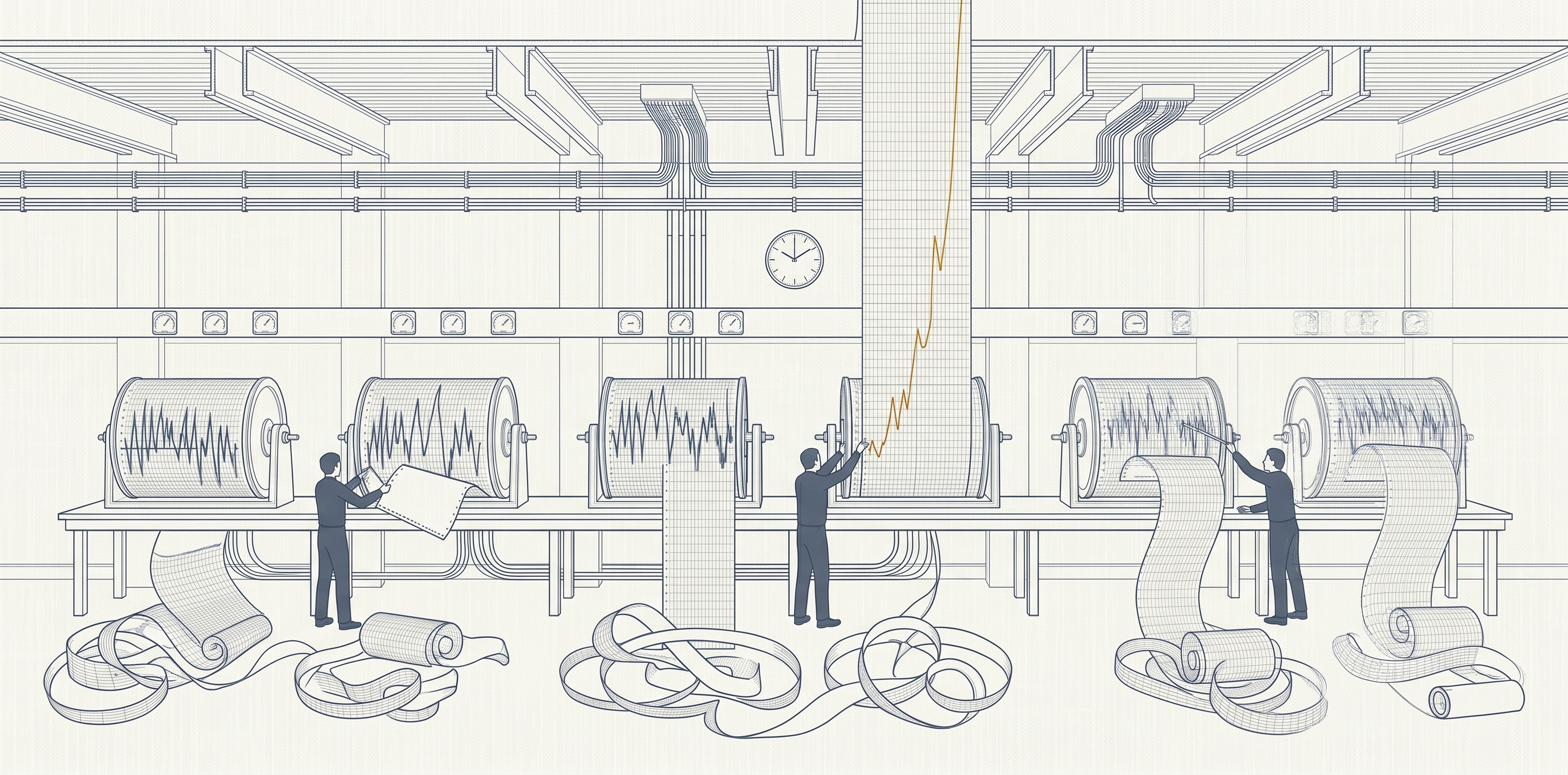Precision technical illustration in slate blue on off-white: a long monitoring gallery where a row of drum-style chart recorders all trace jagged, spiking lines at once, ribbons of paper spilling into coils on the floor as small figures tend the bench; a single trace climbs in amber-gold off the top of its chart, marking a reading gone off the scale.