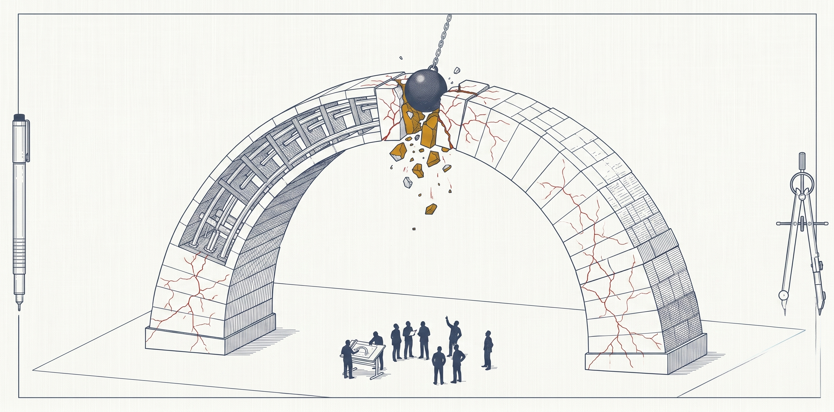 Precision technical illustration in slate-blue linework on an off-white linen ground, framed by a drafting pen and compass. A complete freestanding stone arch is struck at its crown by an iron wrecking ball on a chain, shattering the amber-gold keystone as red fracture lines spread down both legs. A small group of figures stands directly beneath the span, within the collapse zone.