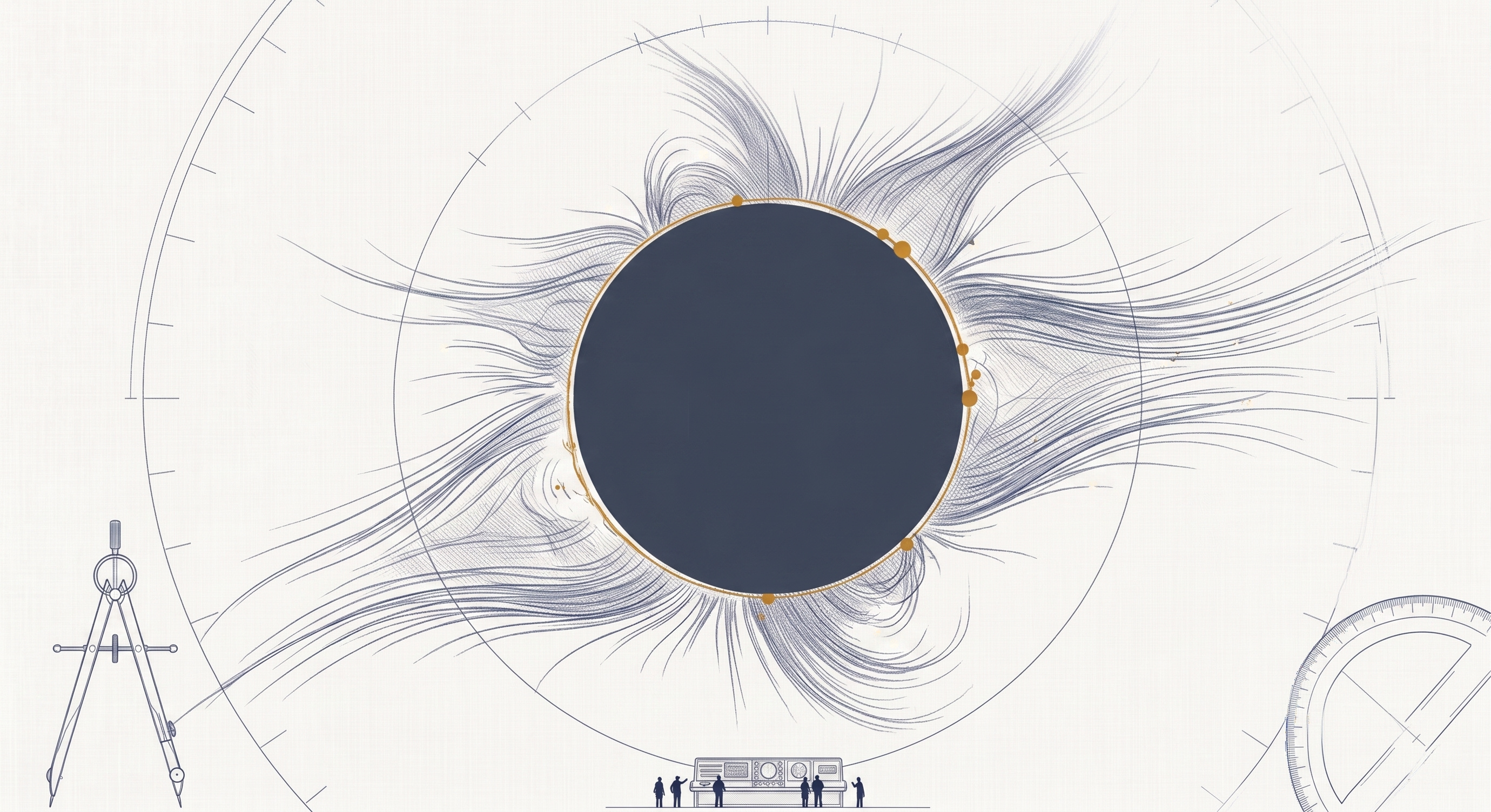 A total solar eclipse rendered as a precision technical drawing on off-white linen. The Moon’s disc — a solid dark slate-blue circle — occults the Sun at center, while the corona radiates outward as fine, asymmetric slate-blue streamers. A thin amber-gold ring of remaining sunlight, marked with a few brighter beads, traces the occlusion edge. Faint construction circles, radial degree ticks, and a drafting compass and protractor at the corners frame the scene as an astronomical plate. A small observatory console staffed by tiny figures sits at the bottom for scale.