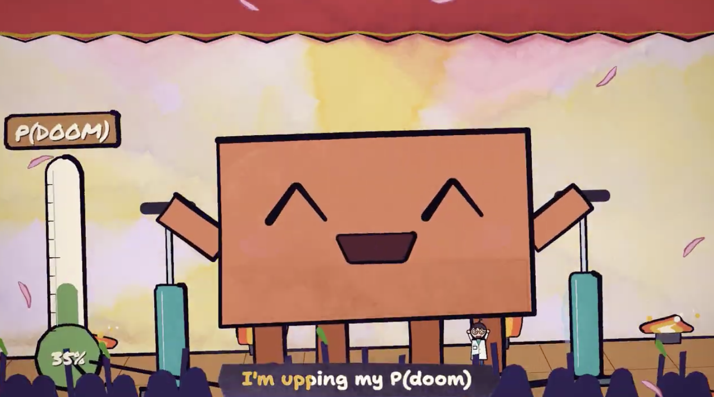 A hand-drawn cartoon still in warm orange, cream, and teal: a giant boxy robot with a smiling face made of two caret-shaped eyes and a trapezoid mouth towers over a crowd of silhouetted onlookers and a tiny figure in a lab coat raising both arms. On the left, a gauge labelled P(DOOM) reads 35%, and a subtitle at the bottom says I’m upping my P(doom).